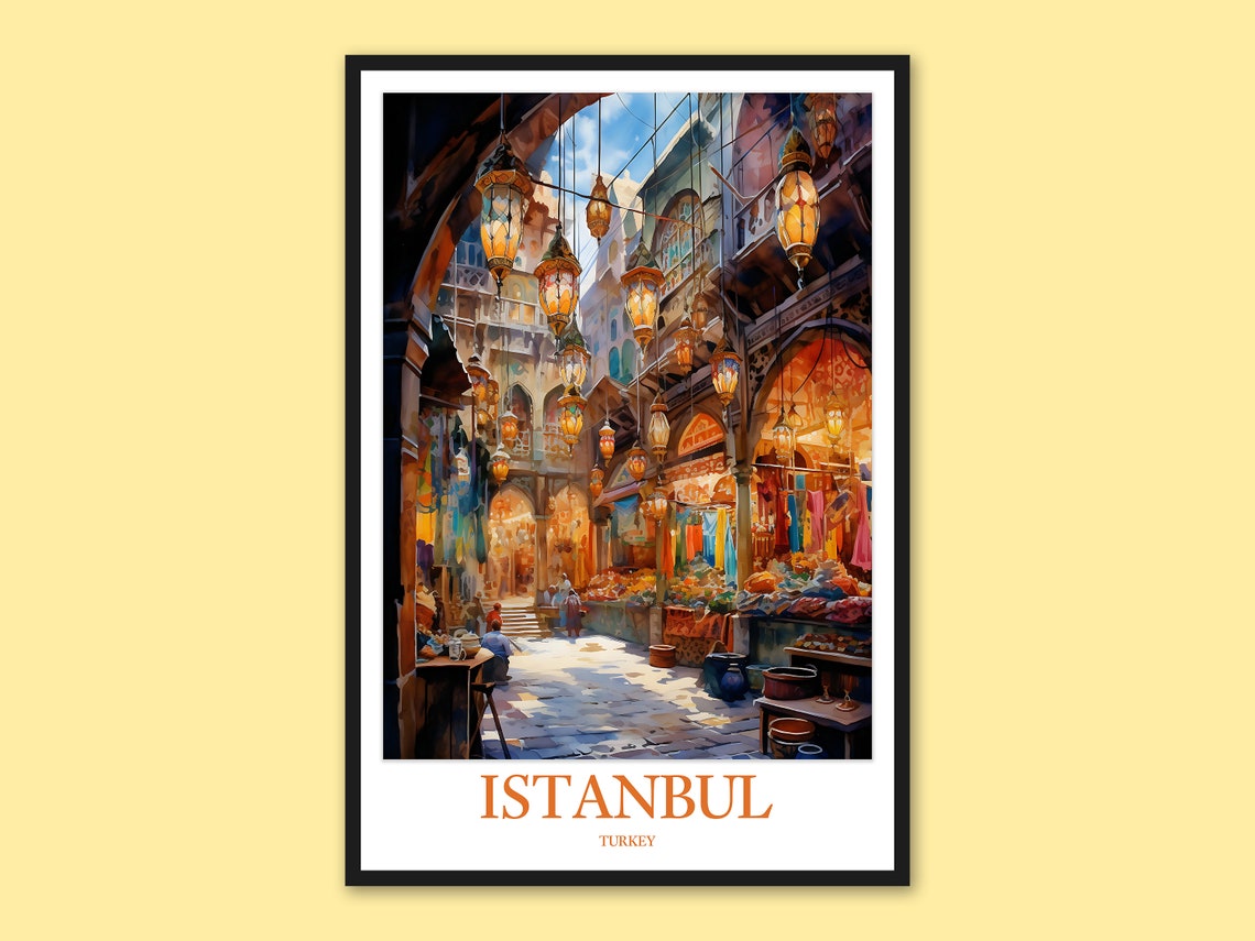 Istanbul Grand Bazaar Turkish Lanterns Watercolor Travel Poster