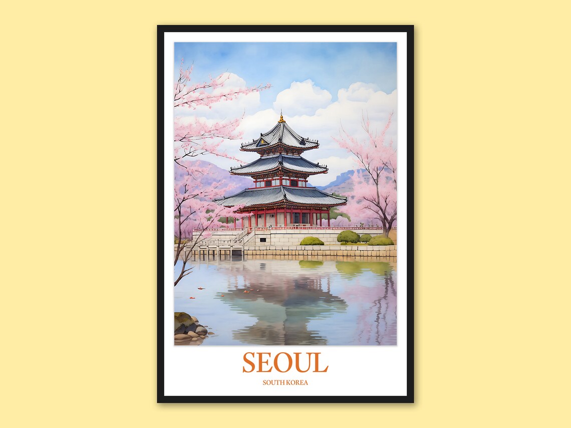 Seoul South Korea Pagoda Lake Reflection Cherry Blossom Poster