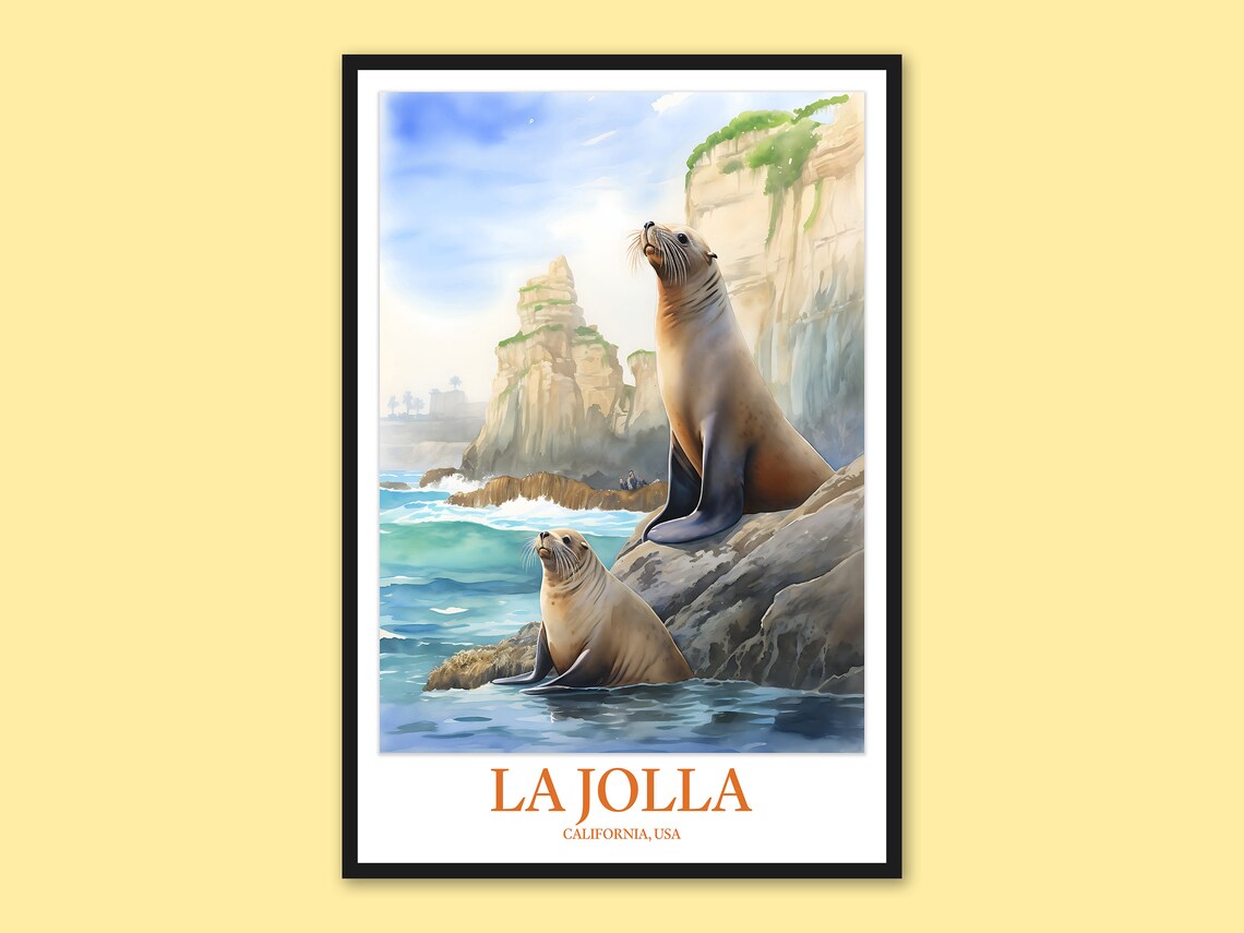 La Jolla Cove Sea Lions Lounging On Rocks California Wildlife Poster