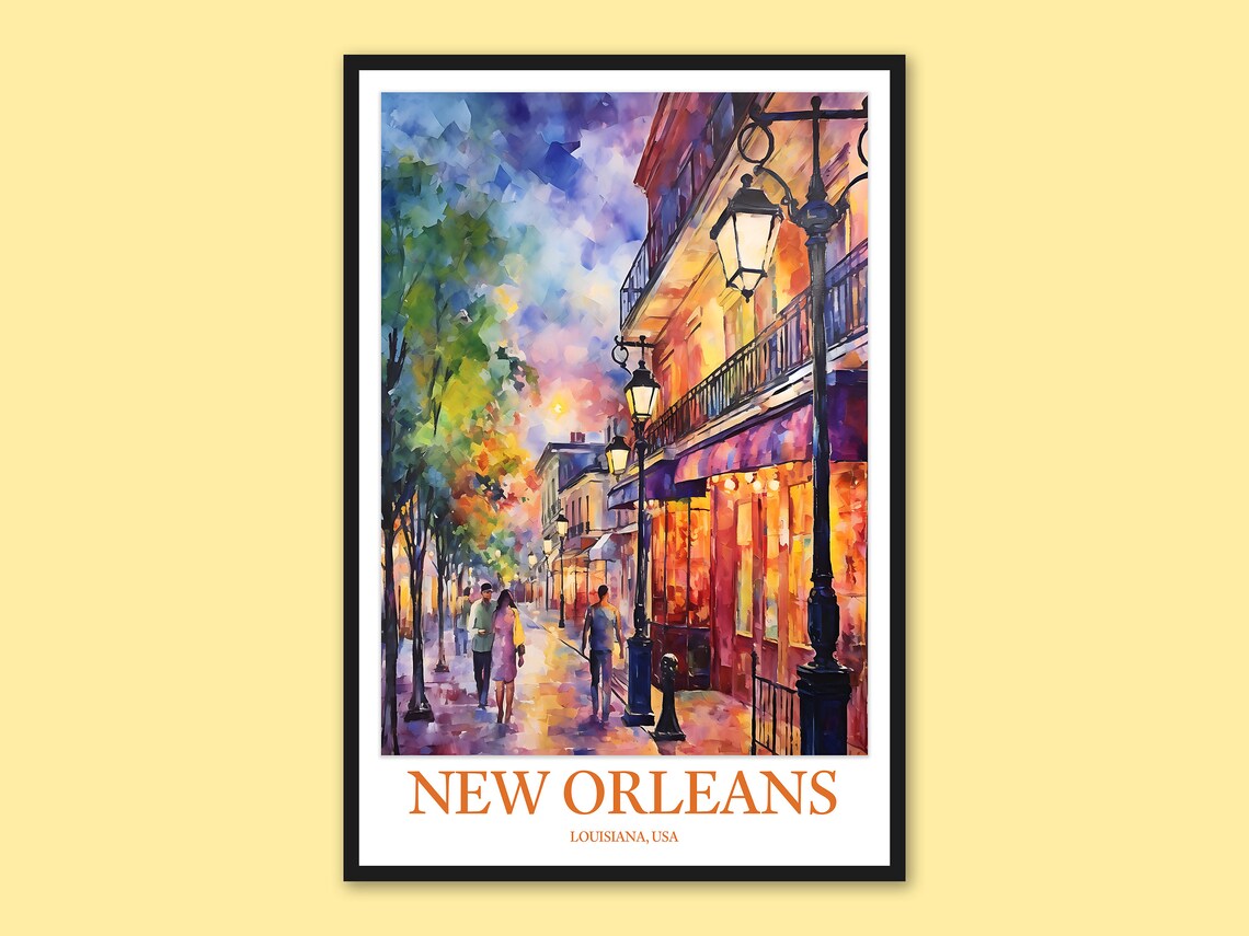 New Orleans Gas Lamp Evening Street Watercolor Travel Poster