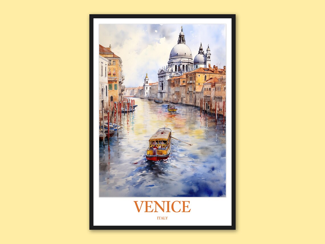 Venice Italy Watercolor Poster Water Taxi Cruising Grand Canal