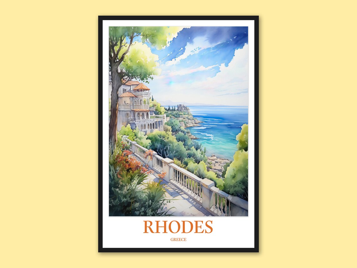 Rhodes Greece Coastal Villa Terrace Sea View Watercolor Travel Poster