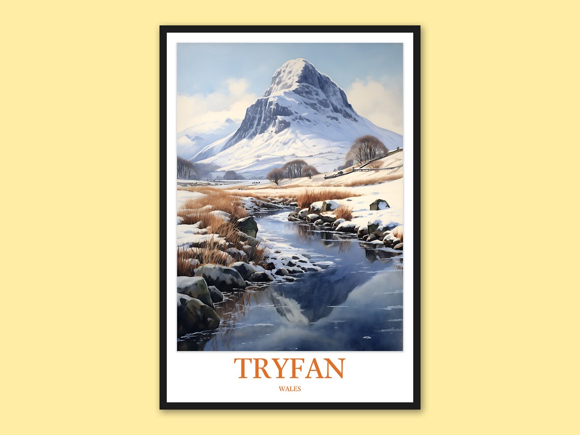 Tryfan Wales Snowy Peak Lake Reflection Winter Travel Poster