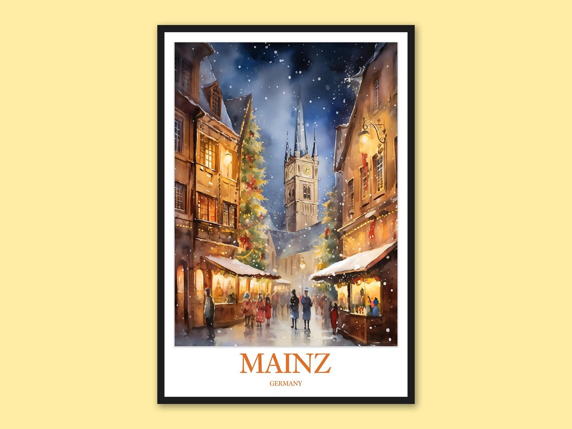 Mainz Germany Christmas Market Stalls Clock Tower Nighttime Poster