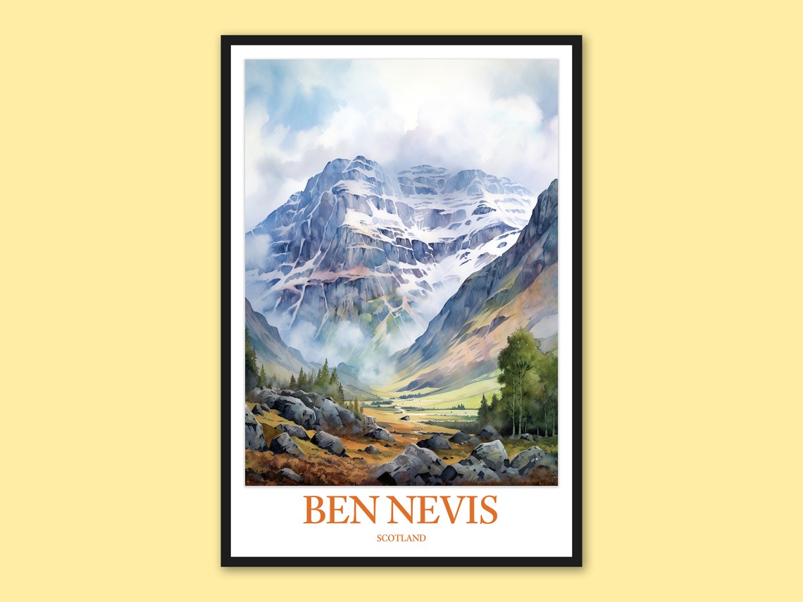 Ben Nevis Scotland Rocky Valley View Misty Mountain Watercolor Poster