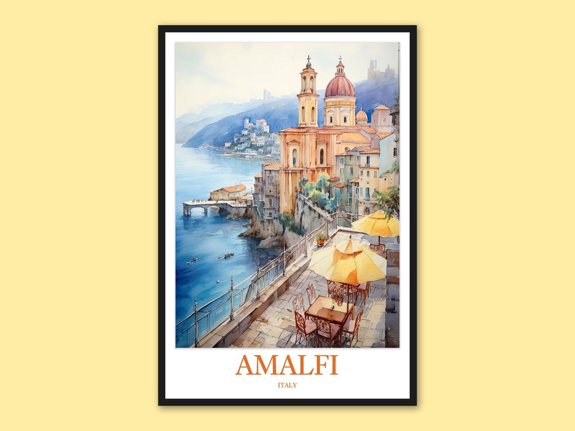 Amalfi Italy Cliffside Church Above the Sea Terrace Watercolor Poster