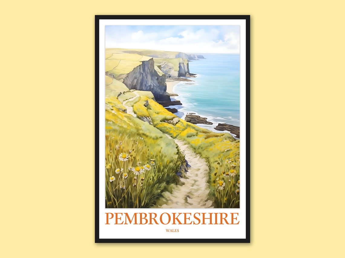 Pembrokeshire Wales Daisy Path Coast View Travel Poster Wildflower
