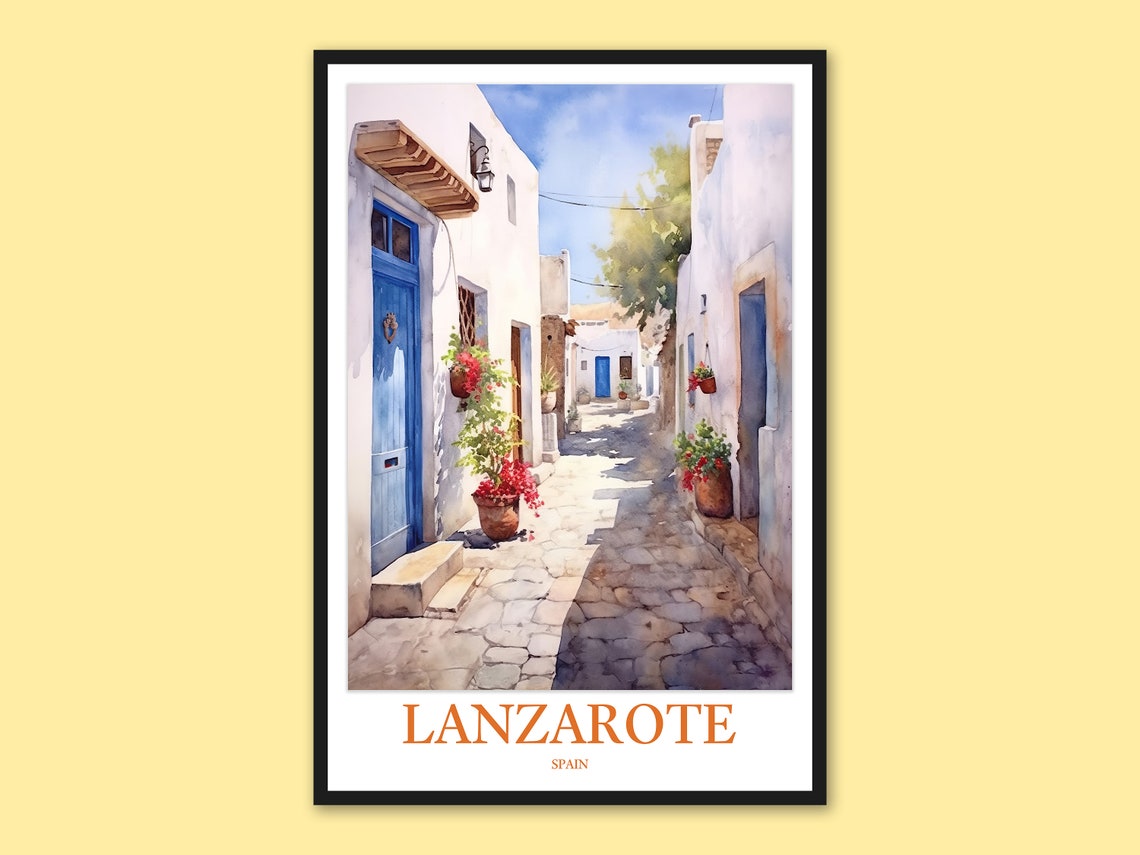 Lanzarote Spain Whitewashed Alley Blue Doors Watercolor Poster