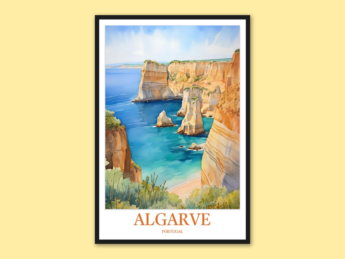 Algarve Portugal Hidden Cliff Lined Cove Watercolor Travel Poster