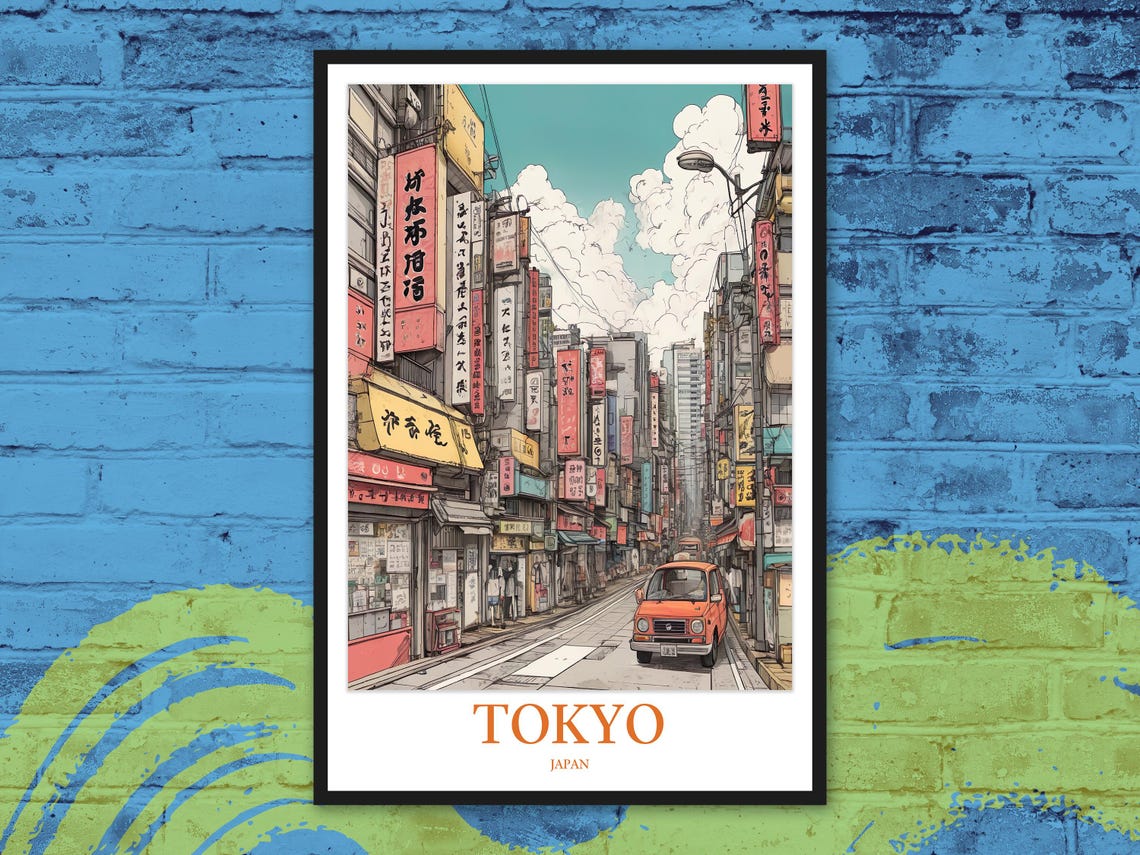 Tokyo Japan Daytime Street Red Van Anime Style Travel Poster