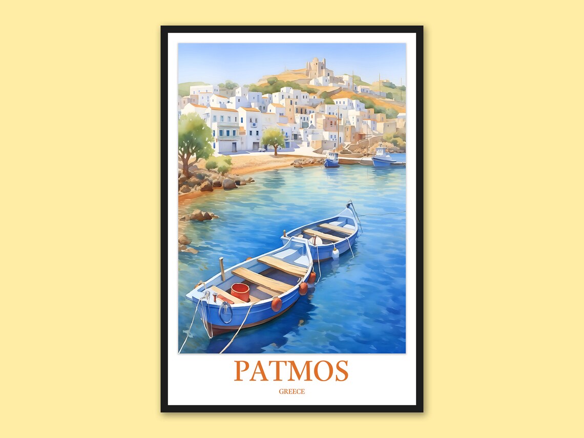 Patmos Greece Fishing Boats In Blue Harbor Watercolor Travel Poster