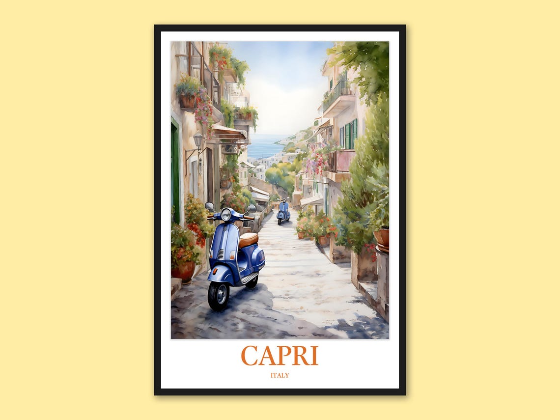 Capri Italy Blue Scooter Cobblestone Street Watercolor Poster