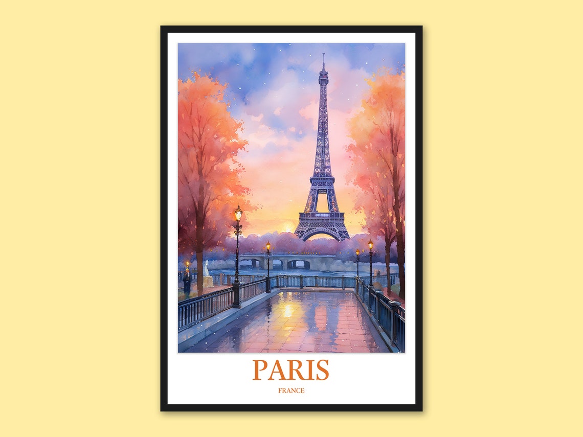 Paris Eiffel Tower Autumn Sunset Bridge Watercolor Travel Poster