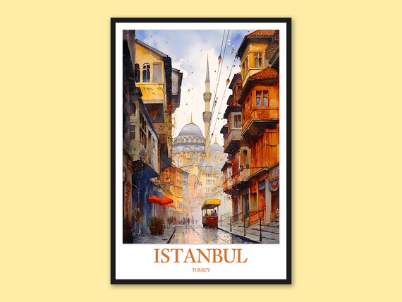 Istanbul Turkey Watercolor Old Town Street Mosque Travel Poster