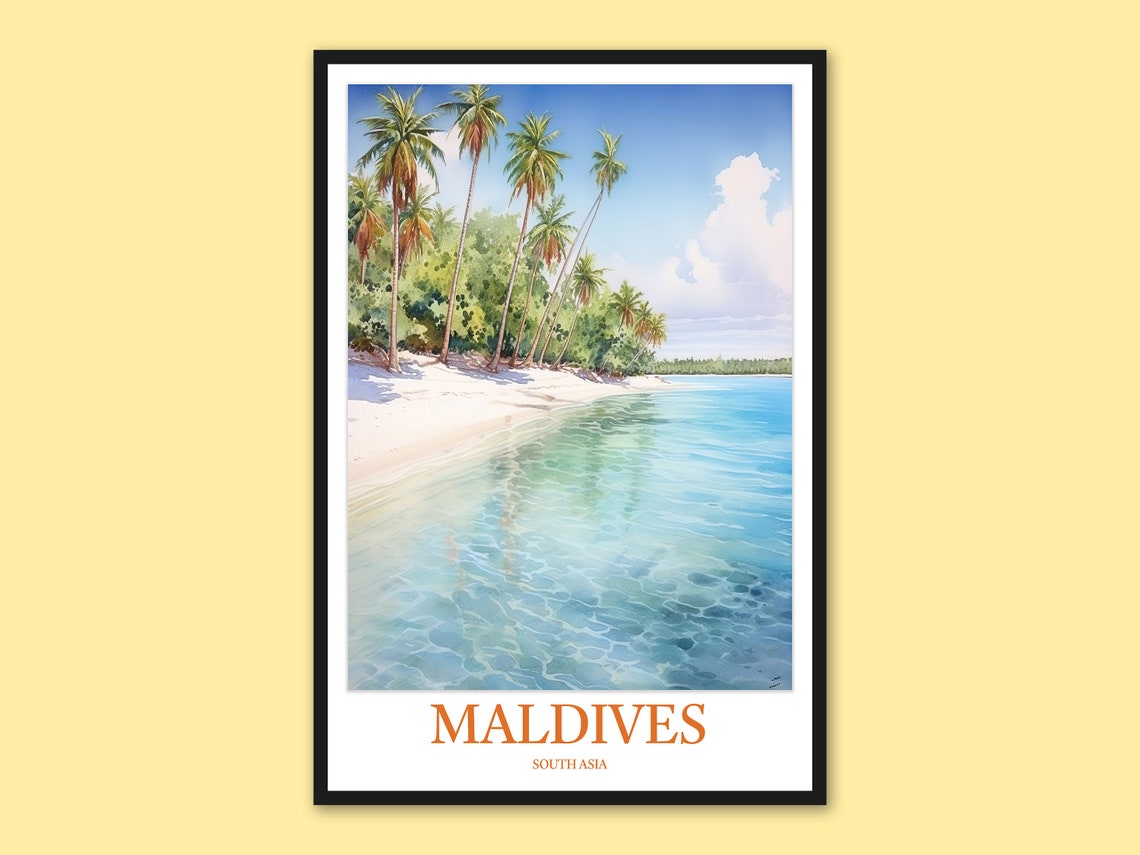 Maldives Palm Grove Turquoise Shoreline Watercolor Travel Poster