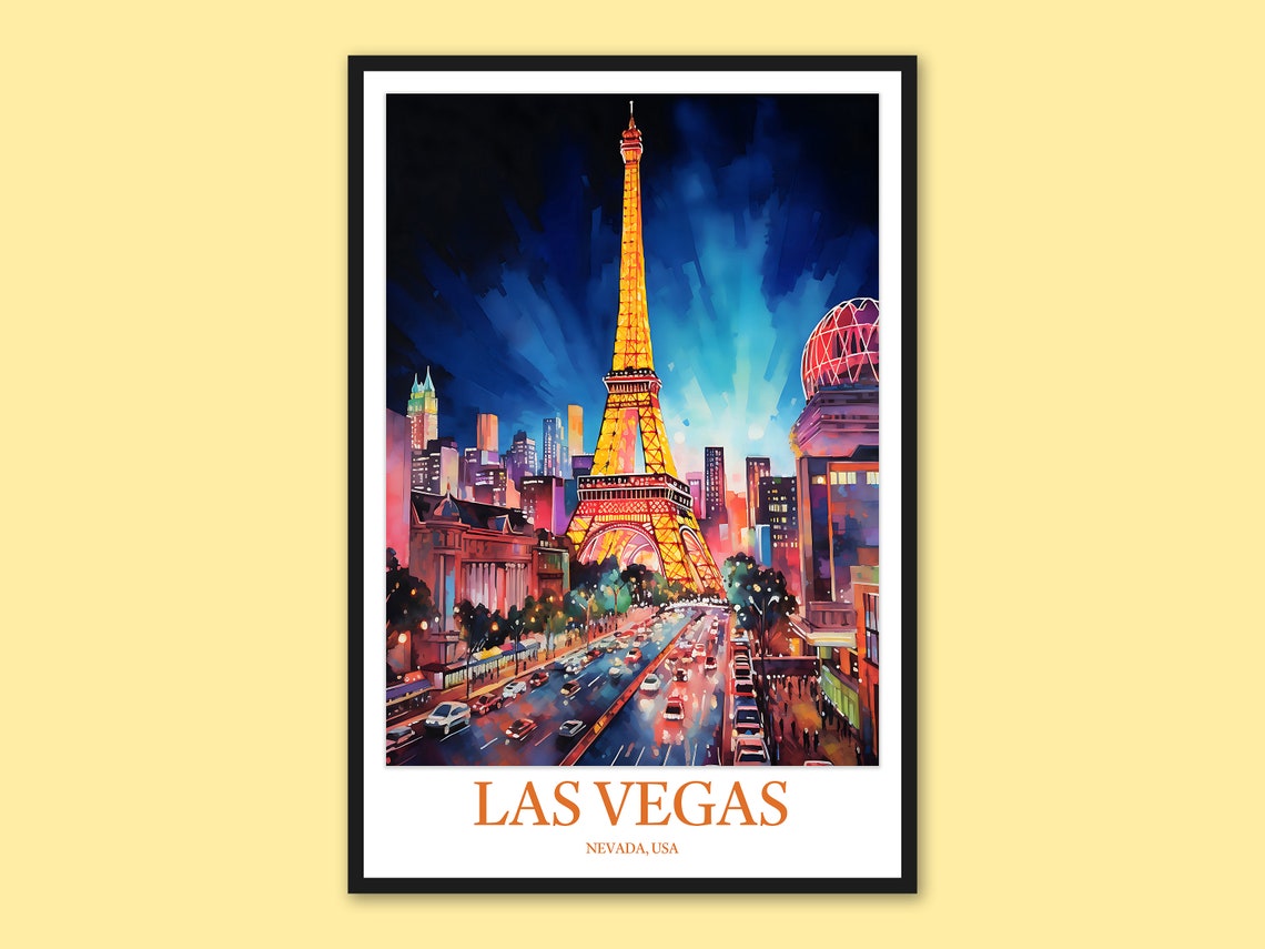 Las Vegas Eiffel Tower Night Watercolor Nevada Travel Poster