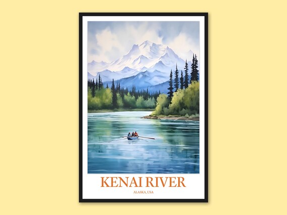 Kenai River Alaska Snow Peak Watercolor Boating Travel Poster
