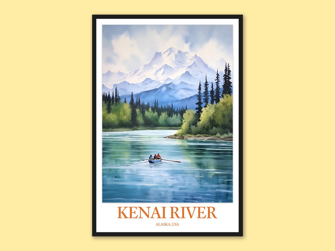 Kenai River Alaska Snow Peak Watercolor Boating Travel Poster