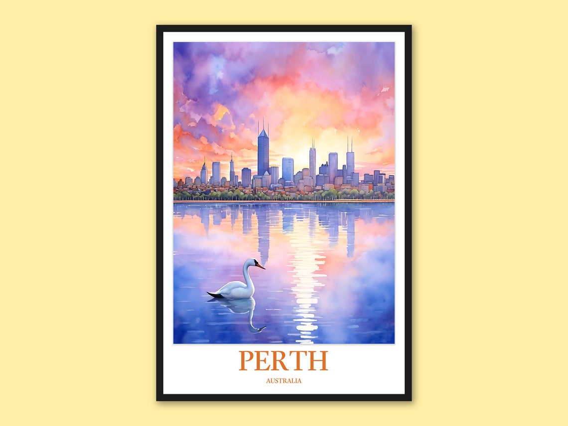 Perth Australia Sunset Skyline Watercolor Black Swan River Poster