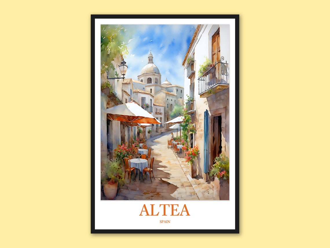 Altea Spain Charming Old Town Cafe Street Watercolor Travel Poster