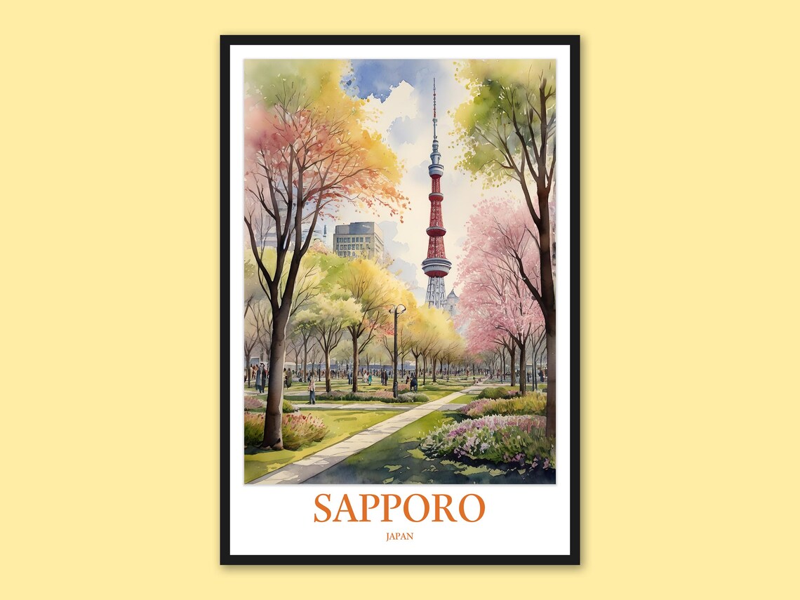 Sapporo Japan TV Tower Blossom Lined Park Pathway Watercolor Poster