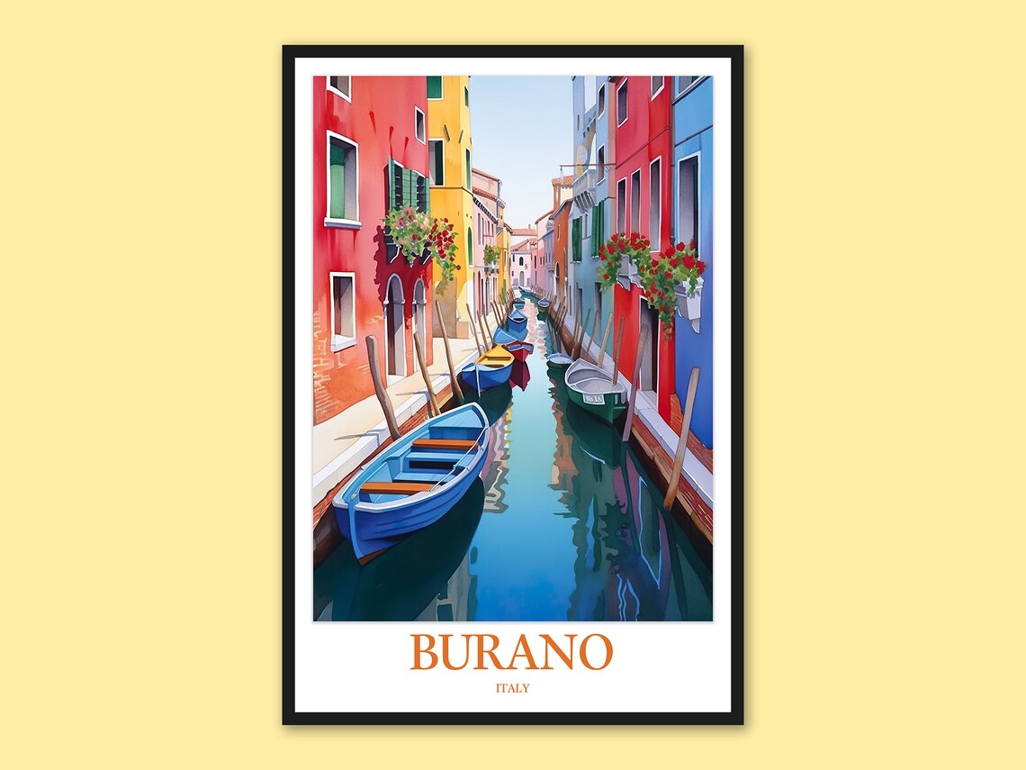 Burano Italy Colorful Canal Houses and Boats Travel Poster Art