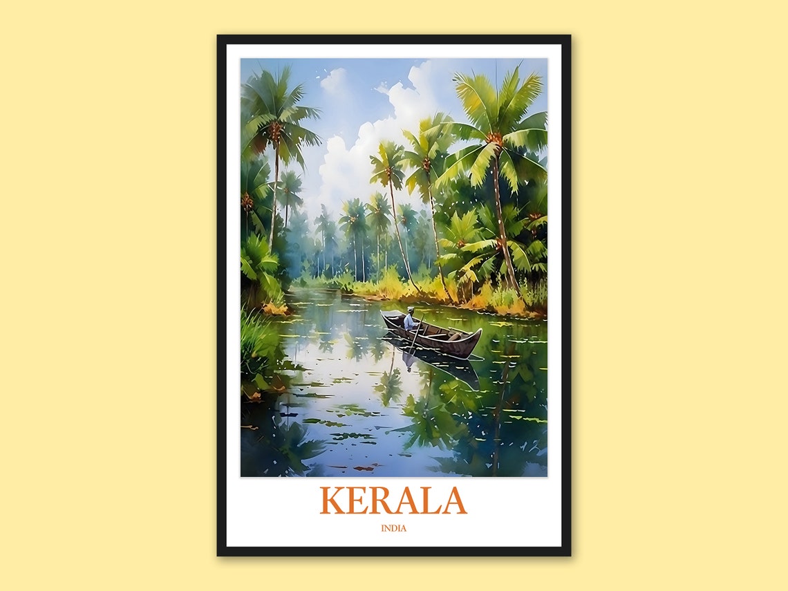 Kerala Backwaters Palm Lined Canal Lone Canoe Watercolor Poster
