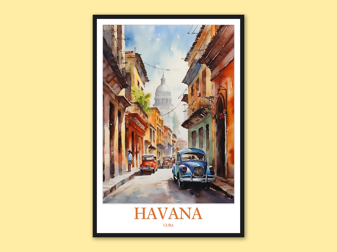 Havana Cuba Colorful Classic Cars Colonial Street Watercolor Poster