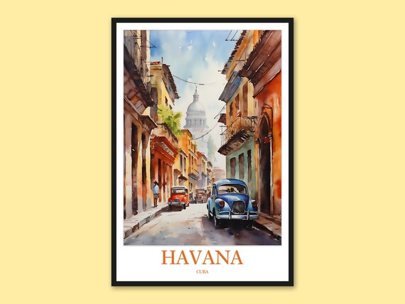 Havana Cuba Colorful Classic Cars Colonial Street Watercolor Poster