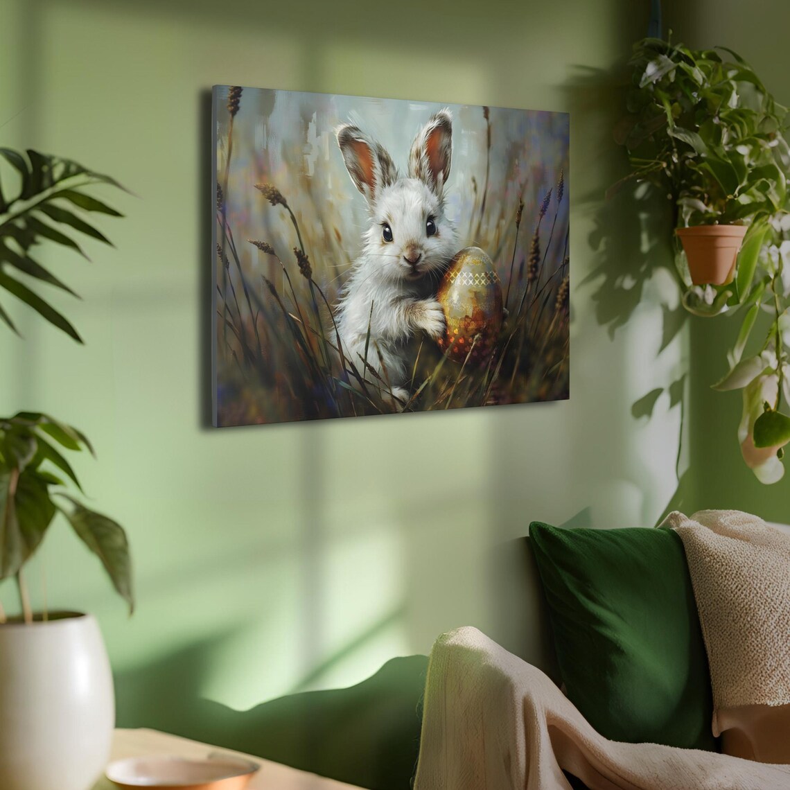 White Bunny Holding Golden Easter Egg Tall Grass Wildlife Poster - Image 5
