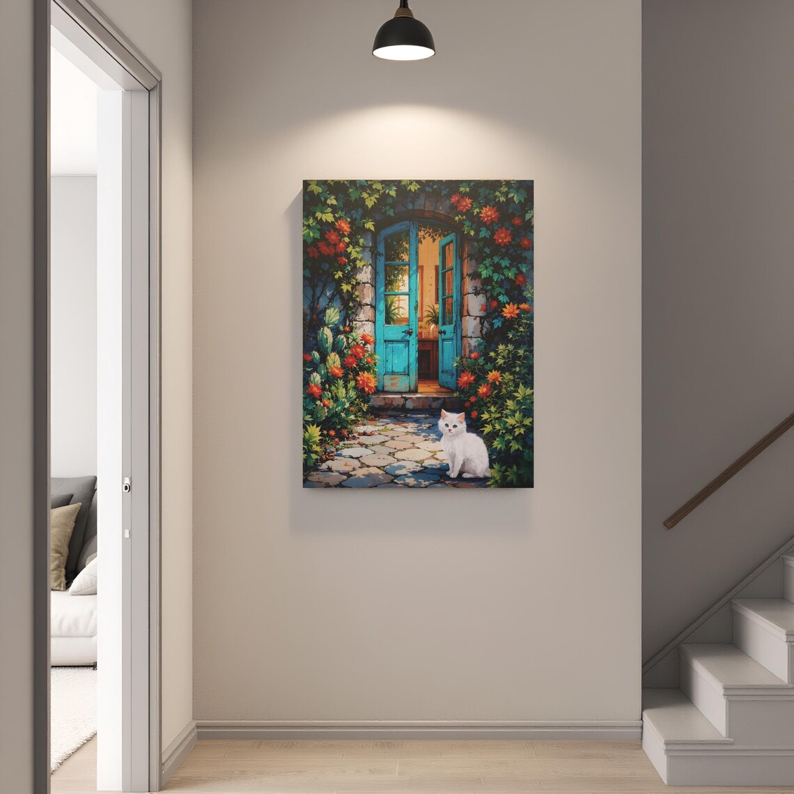 Turquoise Garden Door White Cat Flower Vines Charming Art Poster - Image 3