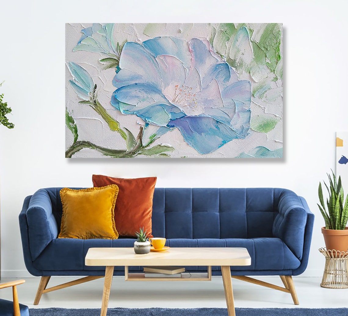 Blue Flower Close Up Pastel Impasto Horizontal Floral Art Poster - Image 4