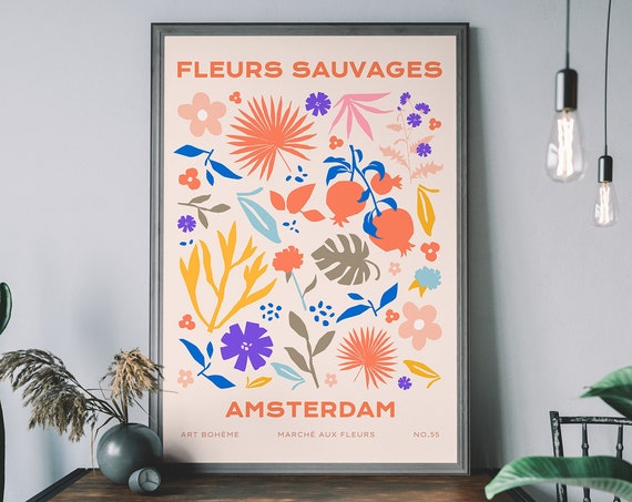Amsterdam Flower Market Print Fleurs Sauvages Retro Floral Poster Botanical Illustration Boho Wall Art