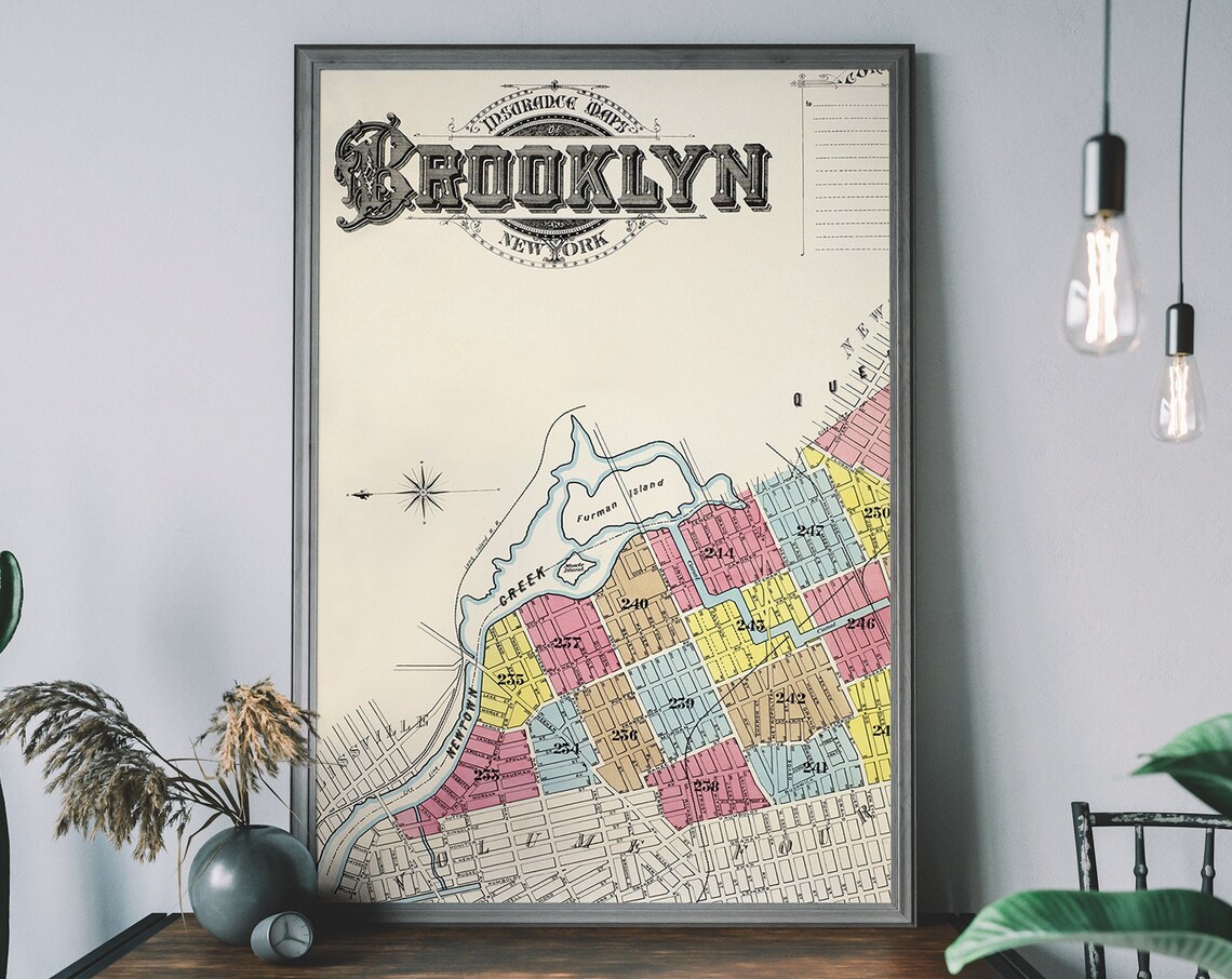 Vintage Brooklyn Map Nyc Antique Travel Poster