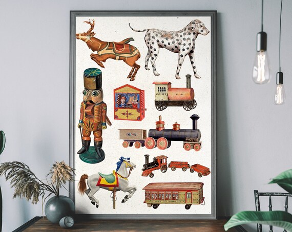Vintage Tin Toy Collection Trains Rocking Horse Nostalgia Art Poster