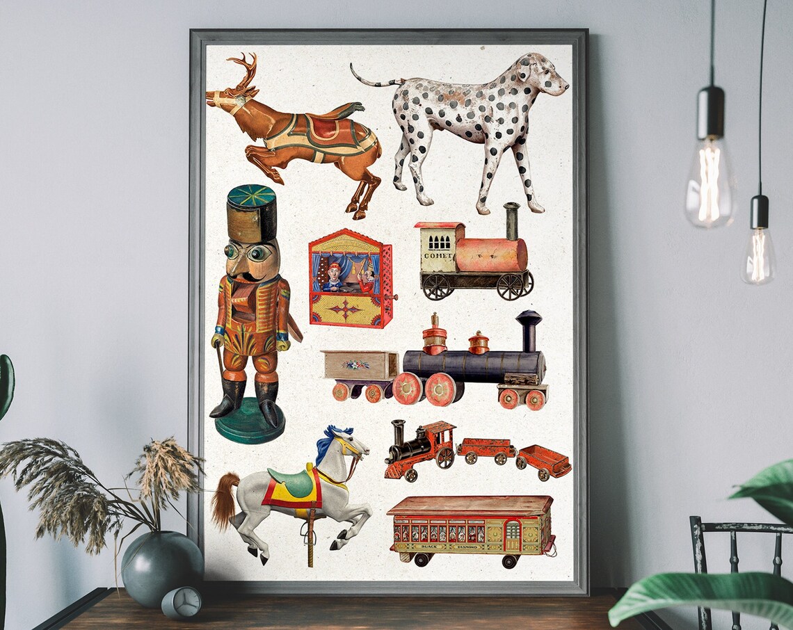 Vintage Tin Toy Collection Trains Rocking Horse Nostalgia Art Poster