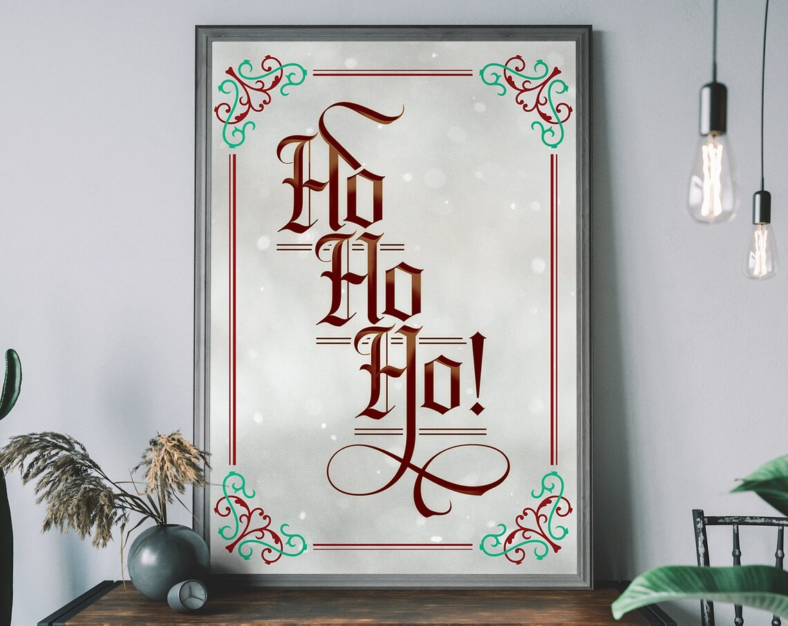 Ho Ho Ho Snowy Calligraphy Red Green Holiday Ornament Poster