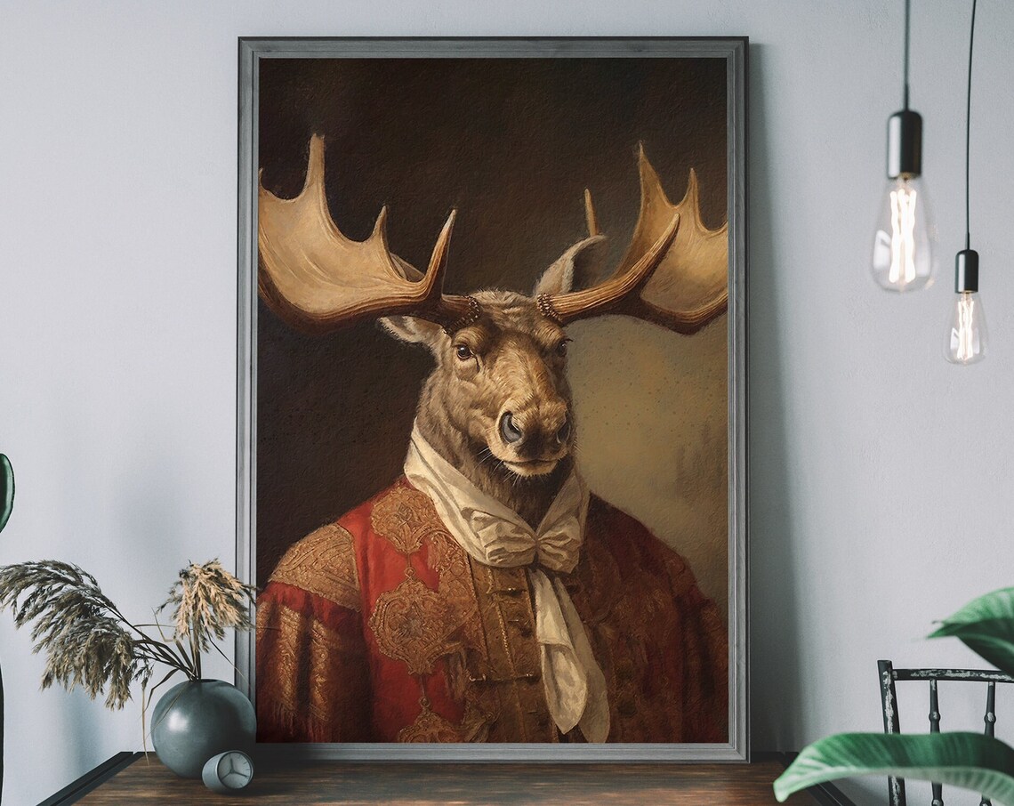 Moose Vintage Portrait, Renaissance Animal Art Print