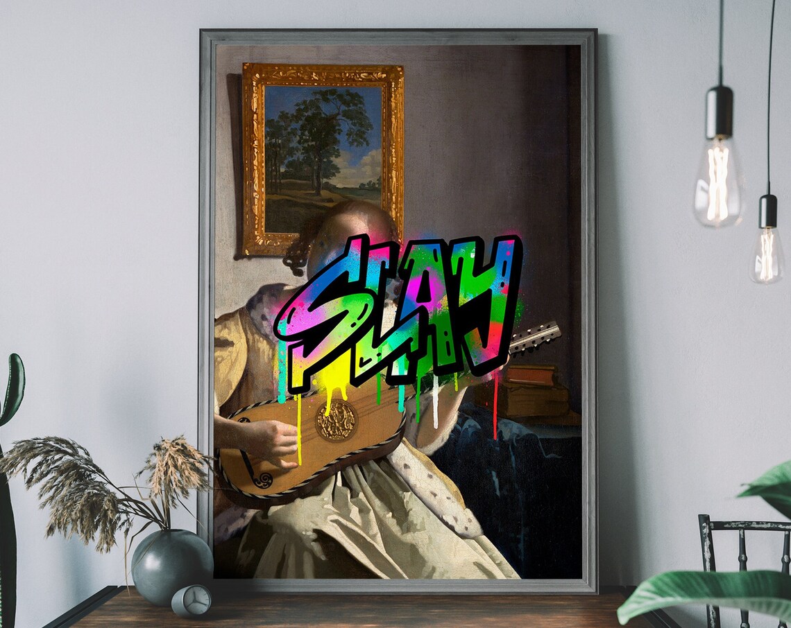 Slay Graffiti Altered Renaissance Lute Player Classical Art Remix Poster