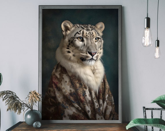 Snow Leopard Vintage Portrait Print Altered Art Animal Human Body Regal Unique Wall Decor Mixed Media Illustration