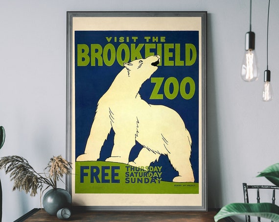 Zoo Travel Poster Vintage Polar Bear Illustration Antique Retro Advert