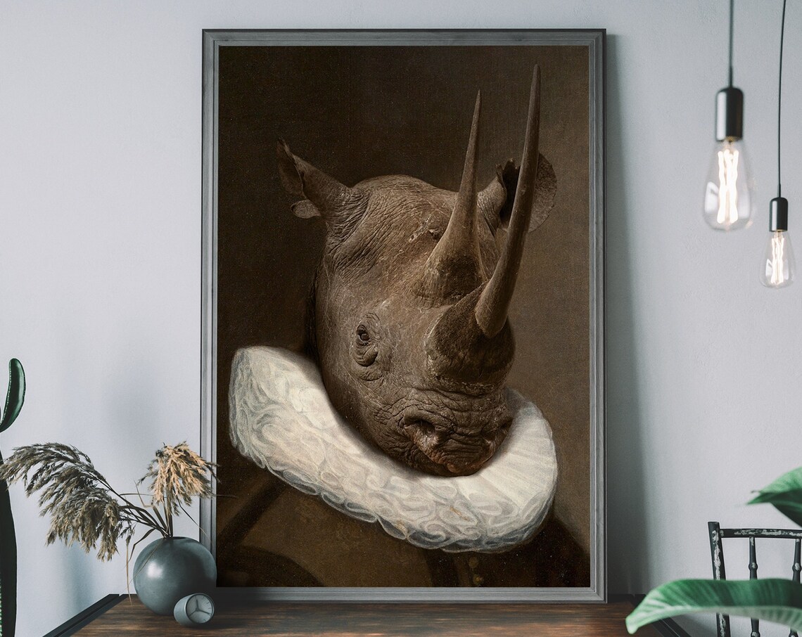 Renaissance Rhino Portrait Art Print, Victorian Style