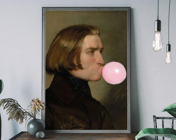 Classic Young Man Portrait Pink Bubblegum Bubble Altered Art Poster