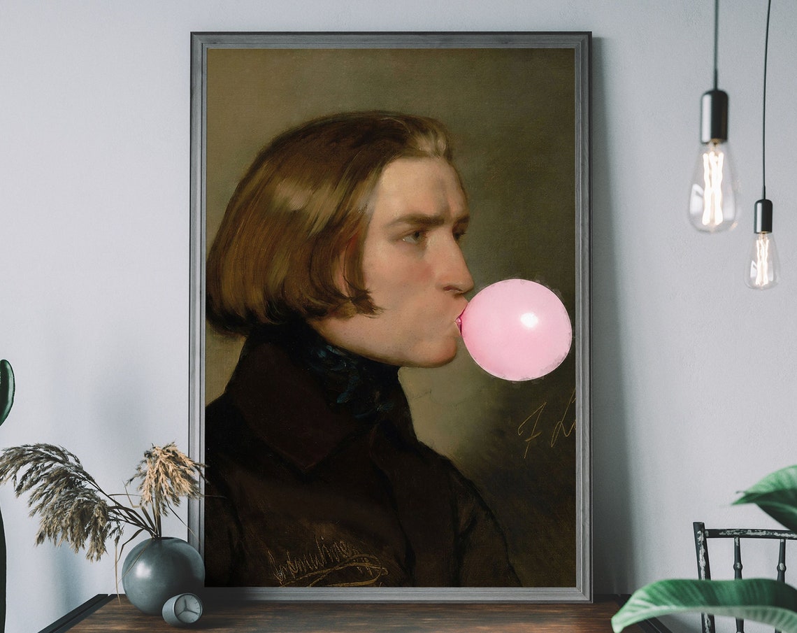 Classic Young Man Portrait Pink Bubblegum Bubble Altered Art Poster