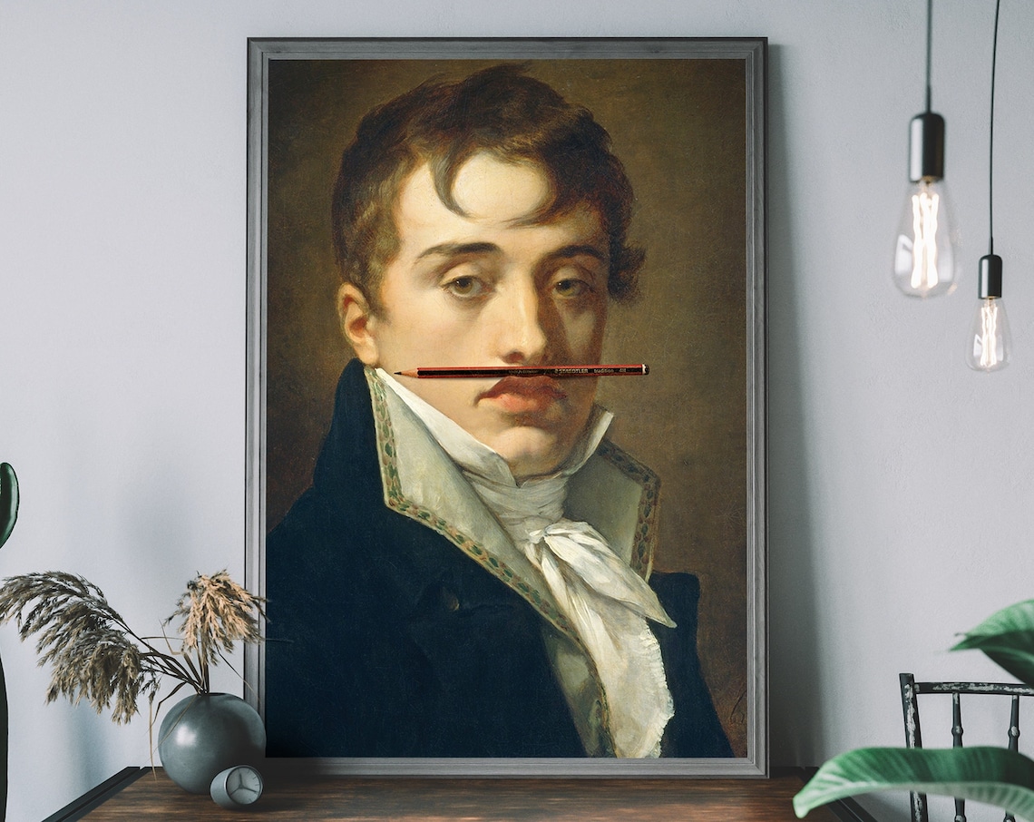 Altered Art Print, Pencil Moustache Renaissance Portrait