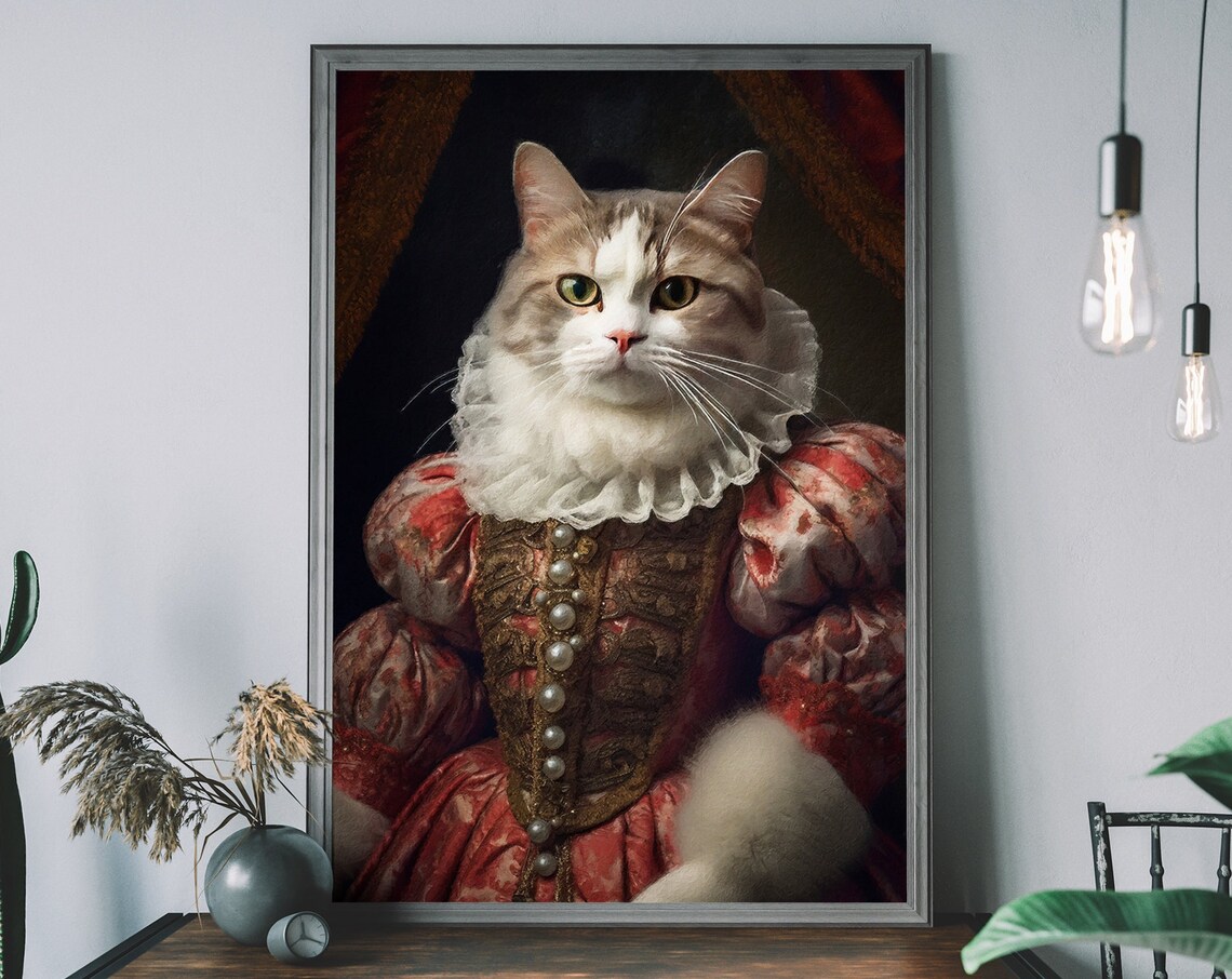 Victorian Cat Portrait Art Print, Renaissance Animal