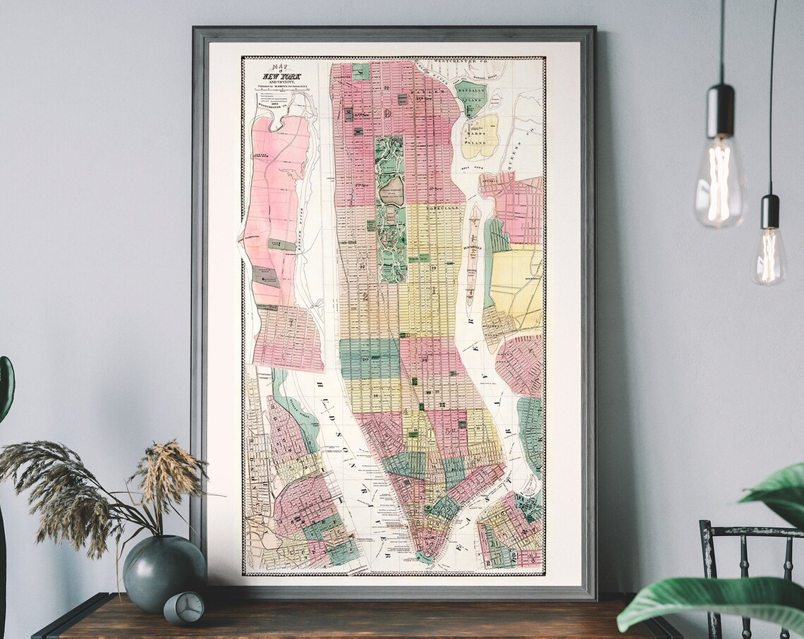 Vintage New York Map, NYC Brooklyn Travel Poster