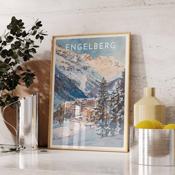 Engelberg Ski Resort Alpine Town Under Snowy Peaks Vintage Poster