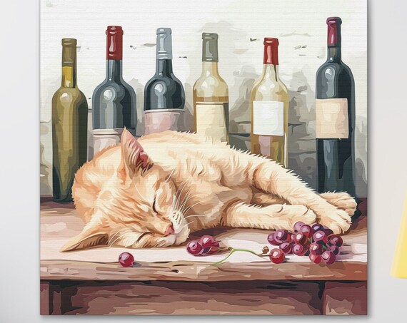Light Orange Cat Sleeping Among Wine Bottles and Grapes Poster
