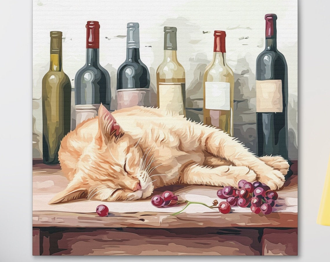 Light Orange Cat Sleeping Among Wine Bottles and Grapes Poster